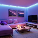 **

> A cozy living room at dusk, illuminated by soft, calming blue and purple smart lights. Focus on the relaxing atmosphere. Feature a comfortable sofa and perhaps a book or a cup of tea. The style should be modern and minimalist, with gentle gradients of color.

**