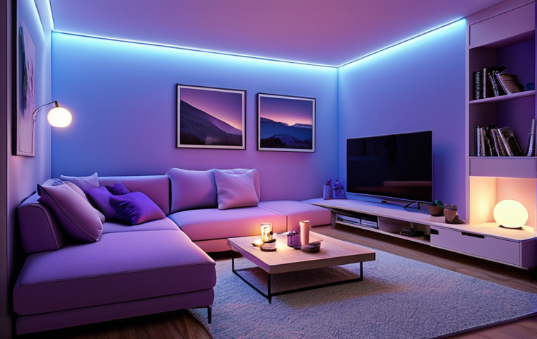 **

> A cozy living room at dusk, illuminated by soft, calming blue and purple smart lights. Focus on the relaxing atmosphere. Feature a comfortable sofa and perhaps a book or a cup of tea. The style should be modern and minimalist, with gentle gradients of color.

**
