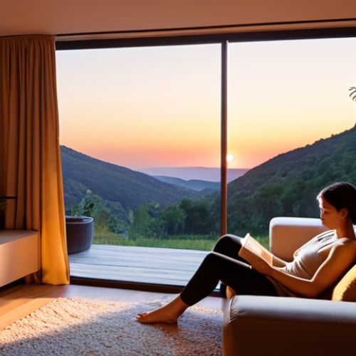 A cozy and modern living room at dusk, bathed in human-centric smart lighting. The light subtly transitions, with soft, warm amber hues near a person relaxing on a sofa, evoking a calming, natural sunset feel, while another area, like a reading nook, has slightly brighter, optimized light. The overall ambiance is inviting, intuitive, and deeply personalized, showcasing the seamless integration of light that enhances comfort, wellness, and a personalized living experience. High detail, cinematic lighting, comfortable atmosphere.