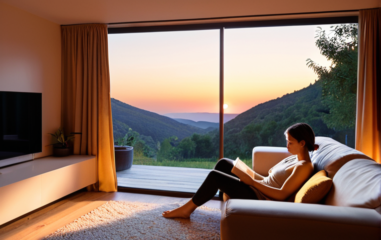 A cozy and modern living room at dusk, bathed in human-centric smart lighting. The light subtly transitions, with soft, warm amber hues near a person relaxing on a sofa, evoking a calming, natural sunset feel, while another area, like a reading nook, has slightly brighter, optimized light. The overall ambiance is inviting, intuitive, and deeply personalized, showcasing the seamless integration of light that enhances comfort, wellness, and a personalized living experience. High detail, cinematic lighting, comfortable atmosphere.