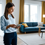 A professional, fully clothed person in modest business casual attire, comfortably interacting with a tablet in a modern, well-lit smart living room. The room features various seamlessly integrated smart home devices like intelligent lighting, a smart speaker, and automated curtains. The scene highlights the convenience and connectivity of a unified smart home ecosystem. Soft, inviting light fills the space, emanating from the adjustable smart lamps. Professional photography, high quality, perfect anatomy, correct proportions, natural pose, well-formed hands, proper finger count, natural body proportions, safe for work, appropriate content, fully clothed, family-friendly.