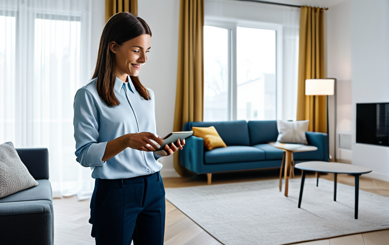 A professional, fully clothed person in modest business casual attire, comfortably interacting with a tablet in a modern, well-lit smart living room. The room features various seamlessly integrated smart home devices like intelligent lighting, a smart speaker, and automated curtains. The scene highlights the convenience and connectivity of a unified smart home ecosystem. Soft, inviting light fills the space, emanating from the adjustable smart lamps. Professional photography, high quality, perfect anatomy, correct proportions, natural pose, well-formed hands, proper finger count, natural body proportions, safe for work, appropriate content, fully clothed, family-friendly.