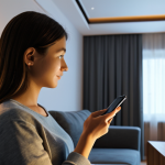 **

"A modern living room with smart lighting. A fully clothed woman is using a smartphone to control the lights. The scene shows warm, inviting lighting perfect for watching a movie. The room is decorated in a minimalist style with comfortable furniture. safe for work, appropriate content, fully clothed, professional, perfect anatomy, correct proportions, natural pose, well-formed hands, proper finger count, natural body proportions, high quality."

**
