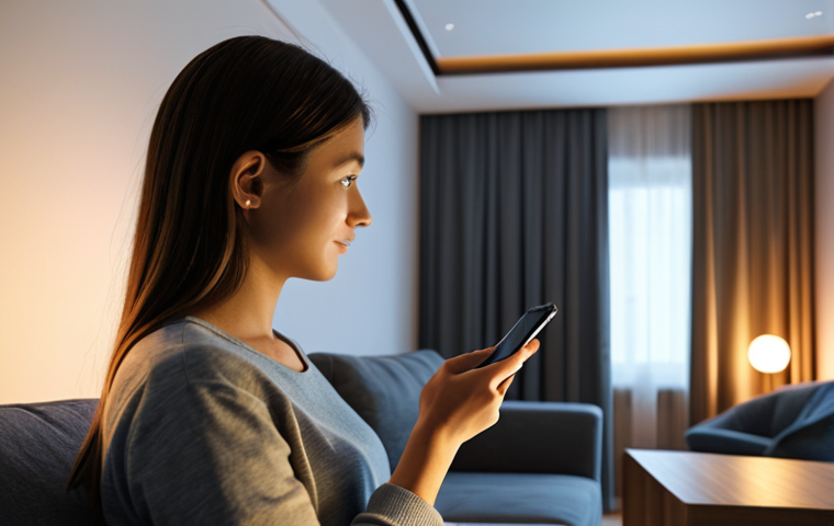 **

"A modern living room with smart lighting. A fully clothed woman is using a smartphone to control the lights. The scene shows warm, inviting lighting perfect for watching a movie. The room is decorated in a minimalist style with comfortable furniture. safe for work, appropriate content, fully clothed, professional, perfect anatomy, correct proportions, natural pose, well-formed hands, proper finger count, natural body proportions, high quality."

**