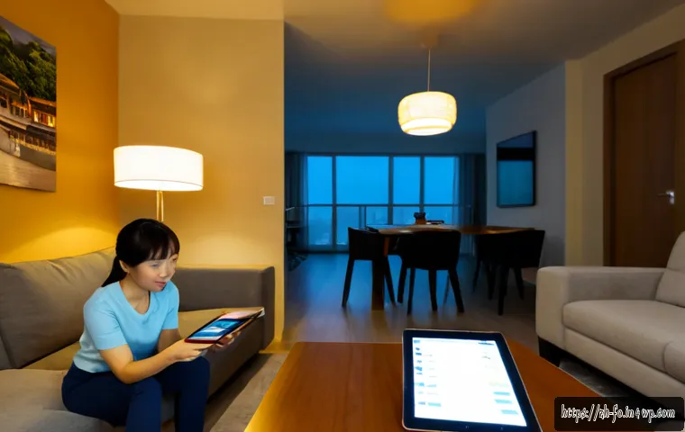 스마트 조명 시스템의 성능 테스트 방법 - Photorealistic modern living room smart lighting performance test, technician using a tablet with an...