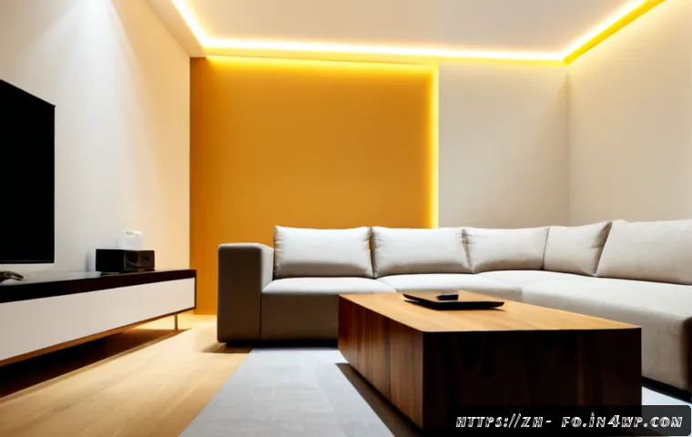 스마트 조명 시스템의 인테리어 효과 - Photorealistic modern living room showcasing a smart lighting system, warm amber LED cove lights aro...